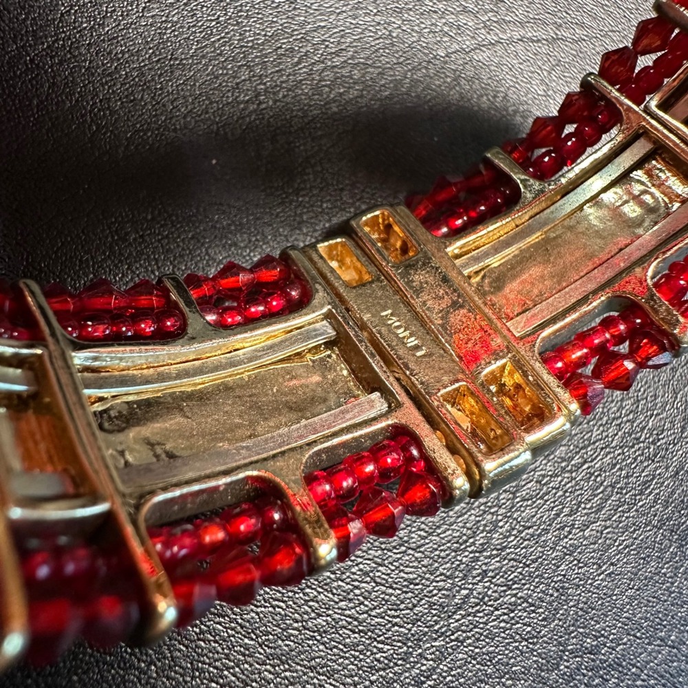 VTG 60s/70s Monet Hinged Bangle Bracelet Red Crystal Accents Gold Tone Statement - Picture 5 of 6